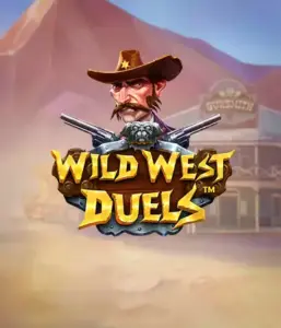  Иллюстрация игрового автомата "Wild West Duels" от Pragmatic Play, на котором изображён суровый ковбой с двумя пистолетами. На заднем плане нарисована пустынная местность с типичным салуном. Отличный выбор для любителей вестернов и азартных игр.